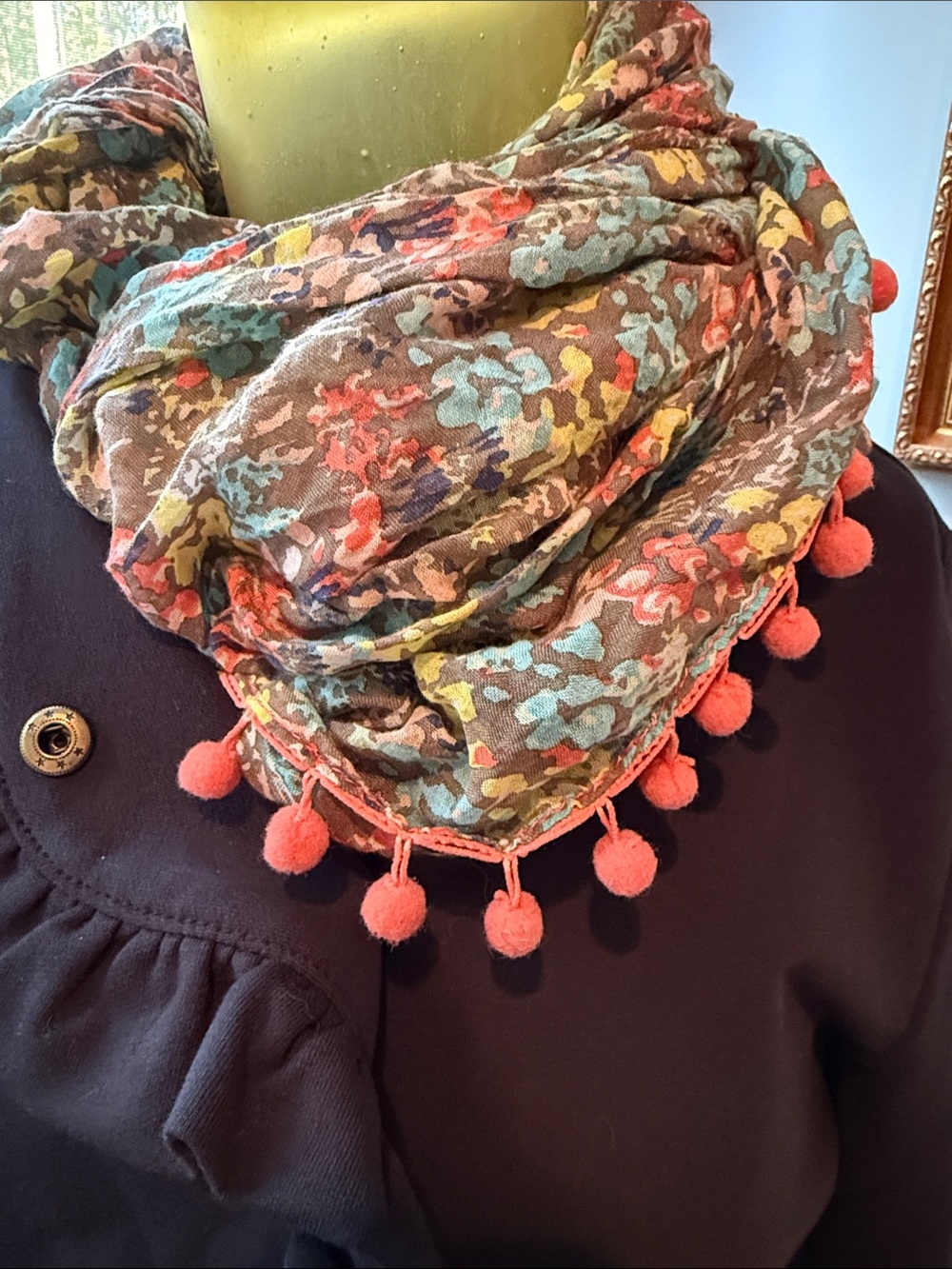 Matilda Jane Multicolor Floral Scarf with Coral Pom-Poms